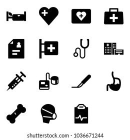 Solid vector icon set - hotel vector, heart, first aid kit, doctor bag, patient card, room, stethoscope, hospital building, syringe, tonometer, scalpel, stomach, broken bone, medical mask