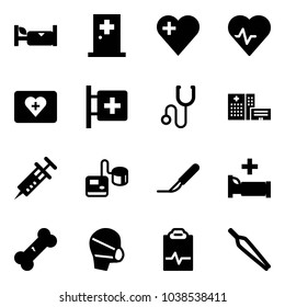 Solid vector icon set - hotel vector, first aid room, heart, pulse, kit, stethoscope, hospital building, syringe, tonometer, scalpel, bed, broken bone, medical mask, clipboard, forceps