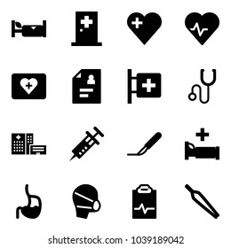 Solid vector icon set - hotel vector, first aid room, heart, pulse, kit, patient card, stethoscope, hospital building, syringe, scalpel, bed, stomach, medical mask, clipboard, forceps