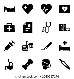 Solid vector icon set - hotel vector, heart, pulse, first aid kit, doctor bag, patient card, stethoscope, hospital building, syringe, tonometer, scalpel, bed, stomach, broken bone, medical mask