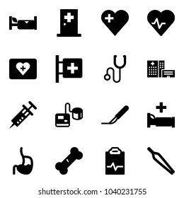 Solid vector icon set - hotel vector, first aid room, heart, pulse, kit, stethoscope, hospital building, syringe, tonometer, scalpel, bed, stomach, broken bone, clipboard, forceps