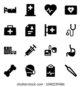 Solid vector icon set - hotel vector, first aid room, heart pulse, kit, doctor bag, patient card, stethoscope, hospital building, syringe, tonometer, stomach, broken bone, medical mask, clipboard