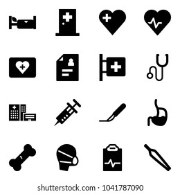 Solid vector icon set - hotel vector, first aid room, heart, pulse, kit, patient card, stethoscope, hospital building, syringe, scalpel, stomach, broken bone, medical mask, clipboard, forceps