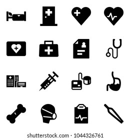 Solid vector icon set - hotel vector, first aid room, heart, pulse, kit, doctor bag, patient card, stethoscope, hospital building, syringe, tonometer, stomach, broken bone, medical mask, clipboard