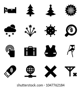 Solid vector icon set - hotel vector, christmas tree, firework, snowfall, virus, money search, hand cursor, suitcase, life vest, kite, usb wi fi, globe, delete, no signal