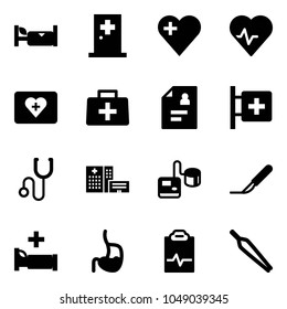 Solid vector icon set - hotel vector, first aid room, heart, pulse, kit, doctor bag, patient card, stethoscope, hospital building, tonometer, scalpel, bed, stomach, clipboard, forceps