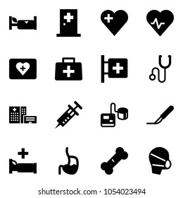 Solid vector icon set - hotel vector, first aid room, heart, pulse, kit, doctor bag, stethoscope, hospital building, syringe, tonometer, scalpel, bed, stomach, broken bone, medical mask