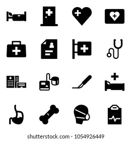 Solid vector icon set - hotel vector, first aid room, heart, kit, doctor bag, patient card, stethoscope, hospital building, tonometer, scalpel, bed, stomach, broken bone, medical mask