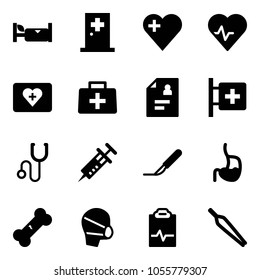 Solid vector icon set - hotel vector, first aid room, heart, pulse, kit, doctor bag, patient card, stethoscope, syringe, scalpel, stomach, broken bone, medical mask, clipboard, forceps