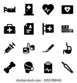 Solid vector icon set - hotel vector, first aid room, heart pulse, kit, doctor bag, patient card, hospital building, syringe, tonometer, scalpel, stomach, broken bone, medical mask, clipboard