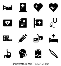 Solid vector icon set - hotel vector, first aid room, heart, pulse, kit, patient card, stethoscope, hospital building, syringe, tonometer, bed, stomach, medical mask, clipboard, forceps
