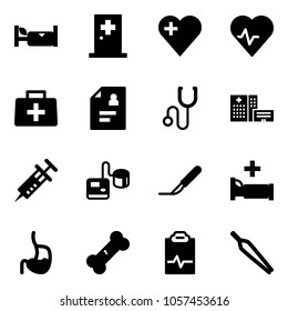 Solid vector icon set - hotel vector, first aid room, heart, pulse, doctor bag, patient card, stethoscope, hospital building, syringe, tonometer, scalpel, bed, stomach, broken bone, clipboard