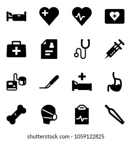 Solid vector icon set - hotel vector, heart, pulse, first aid kit, doctor bag, patient card, stethoscope, syringe, tonometer, scalpel, hospital bed, stomach, broken bone, medical mask, clipboard