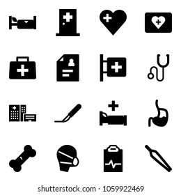 Solid vector icon set - hotel vector, first aid room, heart, kit, doctor bag, patient card, stethoscope, hospital building, scalpel, bed, stomach, broken bone, medical mask, pulse clipboard, forceps