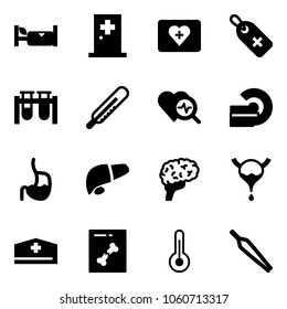 Solid vector icon set - hotel vector, first aid room, kit, medical label, vial, thermometer, heart diagnosis, mri, stomach, liver, brain, bladder, doctor hat, x ray, forceps