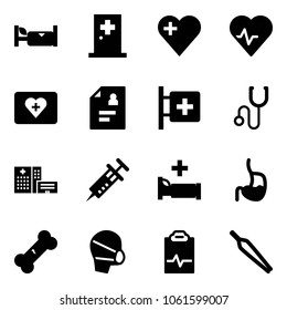 Solid vector icon set - hotel vector, first aid room, heart, pulse, kit, patient card, stethoscope, hospital building, syringe, bed, stomach, broken bone, medical mask, clipboard, forceps