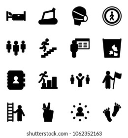 Solid vector icon set - hotel vector, treadmill, medical mask, no pedestrian road sign, group, career, presentation, garbage, contact book, team leader, win, opportunity, victory, star man, feet