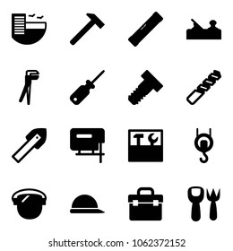 Solid vector icon set - hotel vector, hammer, level, jointer, plumber, screwdriver, bolt, drill, tile, jig saw, tool box, winch, protect glass, construction helmet, shovel fork toy