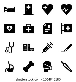 Solid vector icon set - hotel vector, first aid room, heart, pulse, kit, doctor bag, patient card, stethoscope, hospital building, syringe, scalpel, stomach, broken bone, medical mask, forceps
