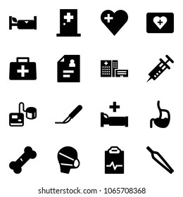 Solid vector icon set - hotel vector, first aid room, heart, kit, doctor bag, patient card, hospital building, syringe, tonometer, scalpel, bed, stomach, broken bone, medical mask, pulse clipboard