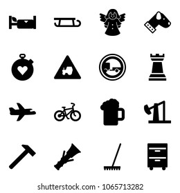Solid vector icon set - hotel vector, sleigh, angel, dog, stopwatch heart, tractor way road sign, no trailer, chess tower, plane, bike, beer, oil derrick, hammer, dowel, rake, tool cabinet