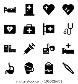 Solid vector icon set - hotel vector, first aid room, heart, pulse, kit, doctor bag, stethoscope, hospital building, syringe, tonometer, bed, stomach, medical mask, clipboard, forceps