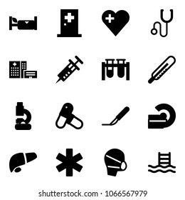 Solid vector icon set - hotel vector, first aid room, heart, stethoscope, hospital building, syringe, vial, thermometer, lab, pills, scalpel, mri, liver, ambulance star, medical mask, pool