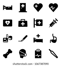 Solid vector icon set - hotel vector, first aid room, heart, pulse, kit, doctor bag, syringe, tonometer, scalpel, hospital bed, stomach, broken bone, medical mask, clipboard, forceps