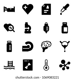 Solid vector icon set - hotel vector, heart, patient card, pipette, diagnosis, lab, drop counter, pills bottle, vial, mri, brain, bladder, pool, x ray, thermometer, molecule