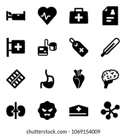 Solid vector icon set - hotel vector, heart pulse, doctor bag, patient card, first aid room, tonometer, medical label, thermometer, pills blister, stomach, brain, kidneys, virus, hat, molecule