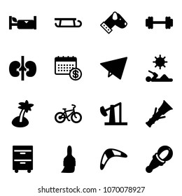 Solid vector icon set - hotel vector, sleigh, dog, barbell, kidneys, calendar, paper fly, reading, palm, bike, oil derrick, dowel, tool cabinet, brush, boomerang, beanbag