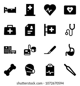 Solid vector icon set - hotel vector, first aid room, heart pulse, kit, doctor bag, patient card, stethoscope, hospital building, tonometer, scalpel, stomach, broken bone, medical mask, clipboard