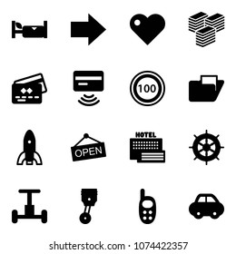 Solid vector icon set - hotel vector, right arrow, heart, big cash, credit card, tap pay, speed limit 100 road sign, folder, rocket, open, sea, hand wheel, gyroscope, piston, phone toy, car