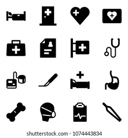 Solid vector icon set - hotel vector, first aid room, heart, kit, doctor bag, patient card, stethoscope, tonometer, scalpel, hospital bed, stomach, broken bone, medical mask, pulse clipboard