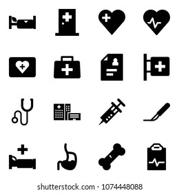 Solid vector icon set - hotel vector, first aid room, heart, pulse, kit, doctor bag, patient card, stethoscope, hospital building, syringe, scalpel, bed, stomach, broken bone, clipboard