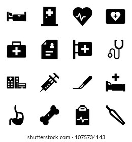 Solid vector icon set - hotel vector, first aid room, heart pulse, kit, doctor bag, patient card, stethoscope, hospital building, syringe, scalpel, bed, stomach, broken bone, clipboard, forceps