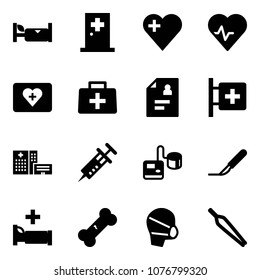 Solid vector icon set - hotel vector, first aid room, heart, pulse, kit, doctor bag, patient card, hospital building, syringe, tonometer, scalpel, bed, broken bone, medical mask, forceps