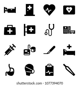 Solid vector icon set - hotel vector, first aid room, heart pulse, kit, doctor bag, stethoscope, hospital building, syringe, tonometer, scalpel, bed, stomach, medical mask, clipboard, forceps