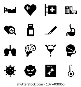 Solid vector icon set - hotel vector, heart, first aid room, hospital building, diagnosis, pills bottle, scalpel, stomach, lungs, brain, bladder, medical mask, virus, x ray, thermometer
