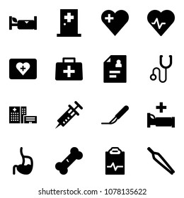 Solid vector icon set - hotel vector, first aid room, heart, pulse, kit, doctor bag, patient card, stethoscope, hospital building, syringe, scalpel, bed, stomach, broken bone, clipboard, forceps