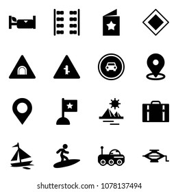 Solid vector icon set - hotel vector, plane seats, star postcard, main road sign, tunnel, intersection, no car, map pin, flag, pyramid, suitcase, sail boat, surfing, moon rover, jack