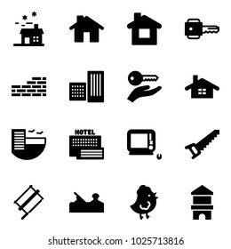 Solid Vector Icon Set - House Vector, Home, Key, Brick Wall, Building, Hand, Hotel, Sea, Monoblock Pc, Saw, Bucksaw, Jointer, Chicken Toy, Block