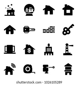 Solid vector icon set - house vector, snowball, home, key, brick wall, doors, dollar, bank building, lighthouse, wireless, measuring tape, laser lever, toy block