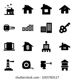 Solid vector icon set - house vector, home, key, brick wall, building, doors, dollar, bank, lighthouse, measuring tape, laser lever, toy block