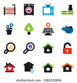 solid vector icon set - house vector, pond, solar panel, fruit tree, search estate, client, unlock, crib, washer, love home, tv, smart, flower in pot, factory