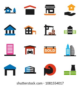 solid vector icon set - house hold vector, school building, university, muscule hand, office, dry cargo, warehouse, cottage, chalet, garage, sold signboard, construction crane, factory