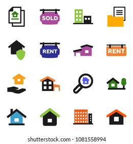 solid vector icon set - house hold vector, cottage, chalet, estate document, rent signboard, sold, apartments, search, home protect