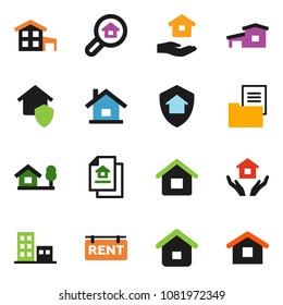 solid vector icon set - house hold vector, cottage, chalet, estate document, rent signboard, apartments, search, home protect