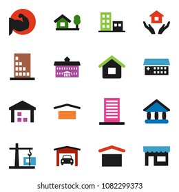 solid vector icon set - house hold vector, university, muscule hand, dry cargo, warehouse, hospital building, chalet, garage, apartments, construction crane, store