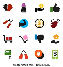 solid vector icon set - house hold vector, hand mill, mixer, chicken leg, dollar coin, investment, trainer, muscule, boxing glove, cargo, finger up, down, stop, tap pay